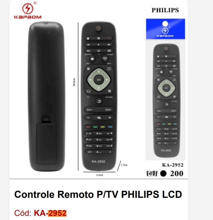  - Controle TV    Cod. CONTROLE TV PHILIPS LCD KA-2952